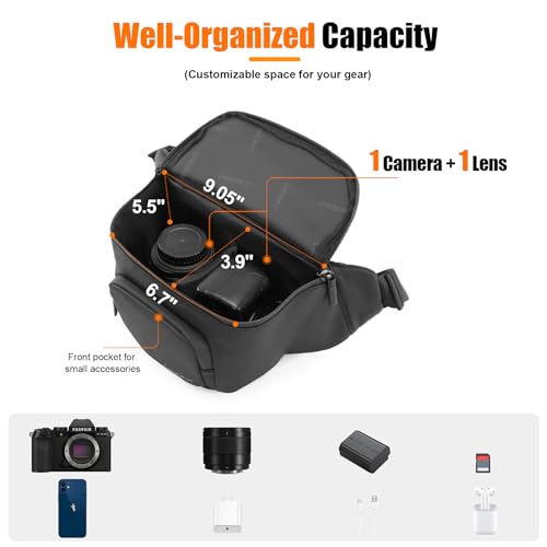 Cwatcun Waterproof Camera Waist Bag Compact Camera Case, Lightweight Portable Fanny Pack, Daily Carry Storage Case Crossbody Bag for Canon, Nikon, Sony, Fuji DSLR/SLR/Mirrorless Camera, Lens, Black - Image 3