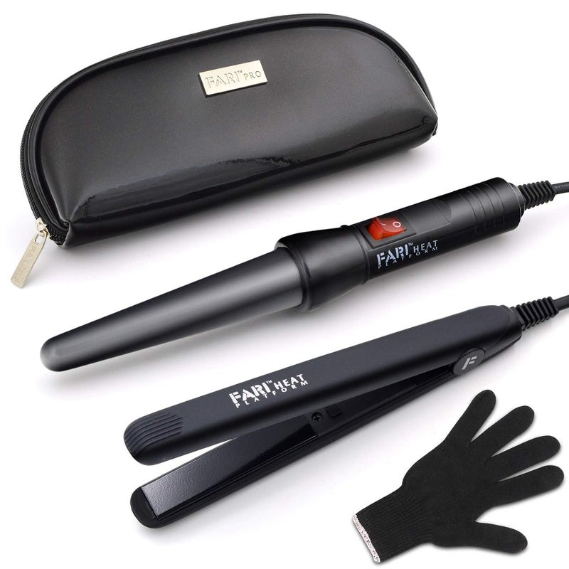 FARI Travel Hair Curling Iron and Mini Flat Iron 2 in 1 Kit Ceramic Tourmaline Curling Wands and Hair straighteners Set Heat Resistant Glove and Travel Pouch Included Black