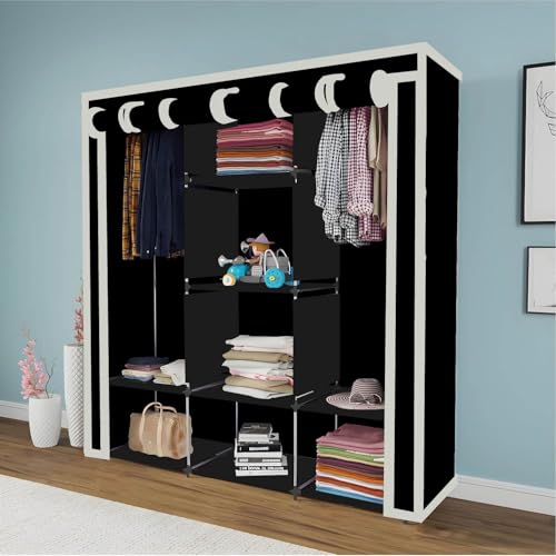 Whitecloud TRANSFORMING HOMES Collapsible Wardrobe Closet for Clothes Almira, 2 Hanging Space, 8 Shelves Non-Woven Fabric (88230) Black - Image 1
