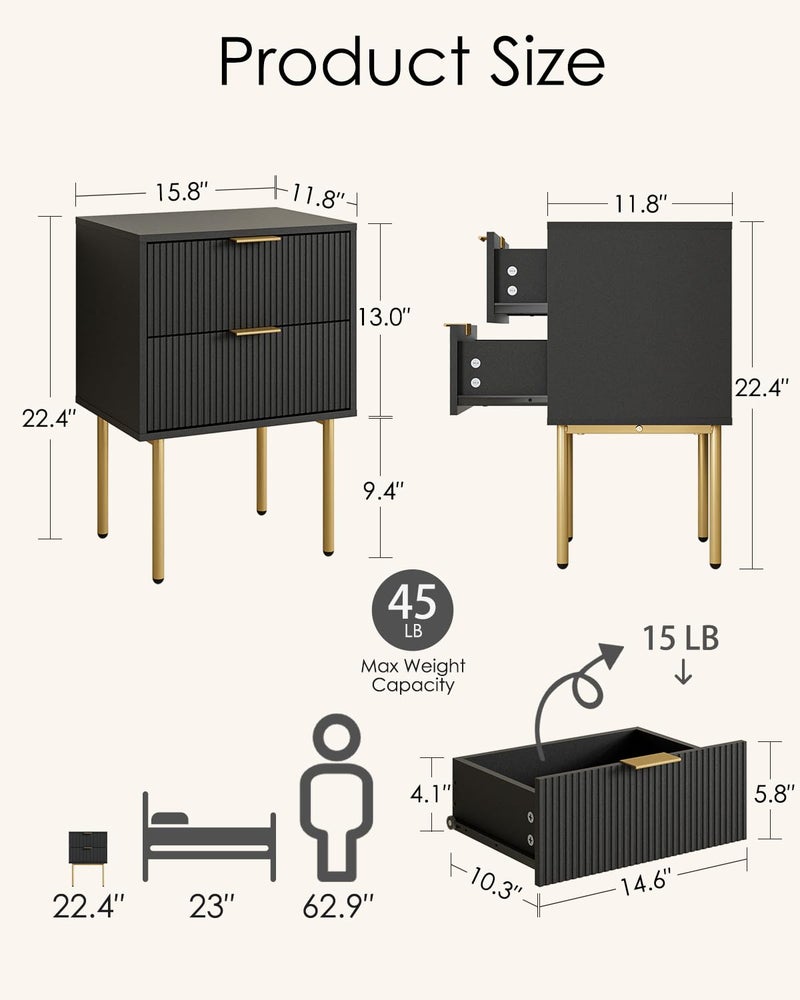 Aienvey Night Stand, Modern Nightstand with Drawers, Bedside Table, Gold Small Side Table for Bedroom, Living Room End Table (Black Stripe, 2 Drawers) - Image 2