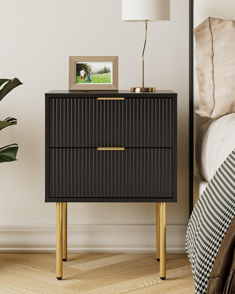Aienvey Night Stand, Modern Nightstand with Drawers, Bedside Table, Gold Small Side Table for Bedroom, Living Room End Table (Black Stripe, 2 Drawers) - Image 1
