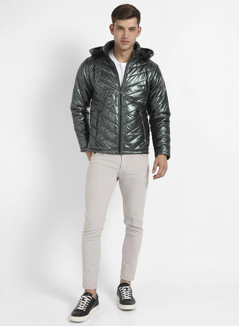 Campus Sutra  Men's Forest Green Zip-Front Quilted Puffer Jacket for Men | Best Price UAE
