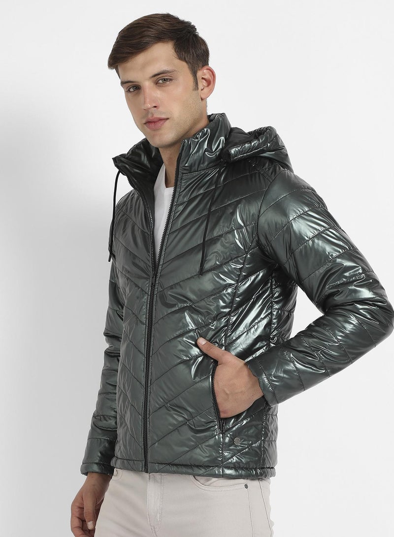 Campus Sutra Men's Forest Green Zip-Front Quilted Puffer Jacket - Image 3