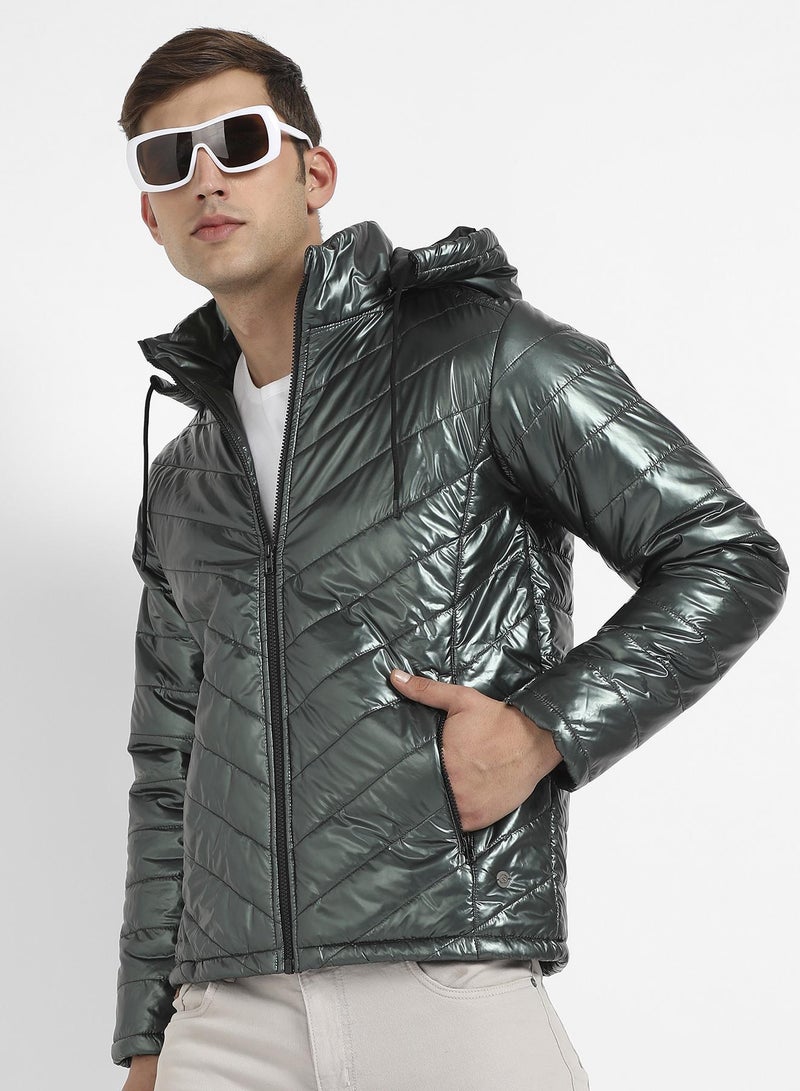 Campus Sutra Men's Forest Green Zip-Front Quilted Puffer Jacket - Image 1