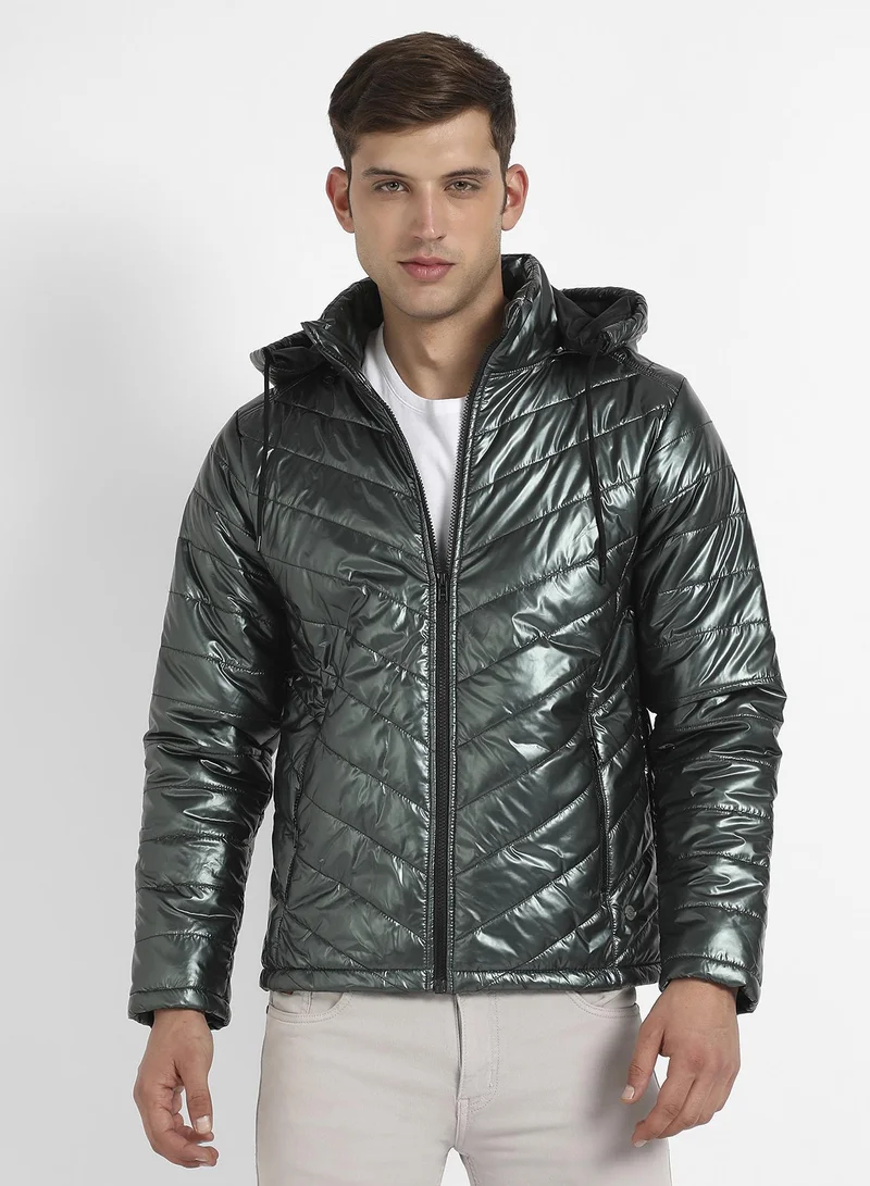 Campus Sutra Men's Forest Green Zip-Front Quilted Puffer Jacket