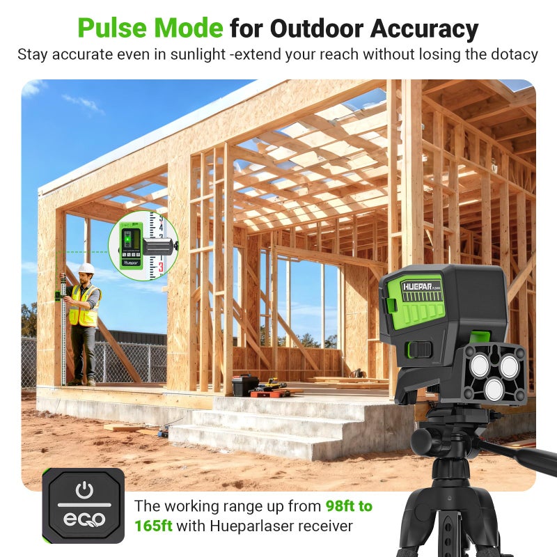 HUEPAR 5 Point Self Leveling Laser Alignment Tool with Plus Mode (98-165Ft), Laser Plumb Dots Level with 360Â° Magnetic Base Includes 2 AAA Batteries & Hard Carrying Case - PL500G - Image 5
