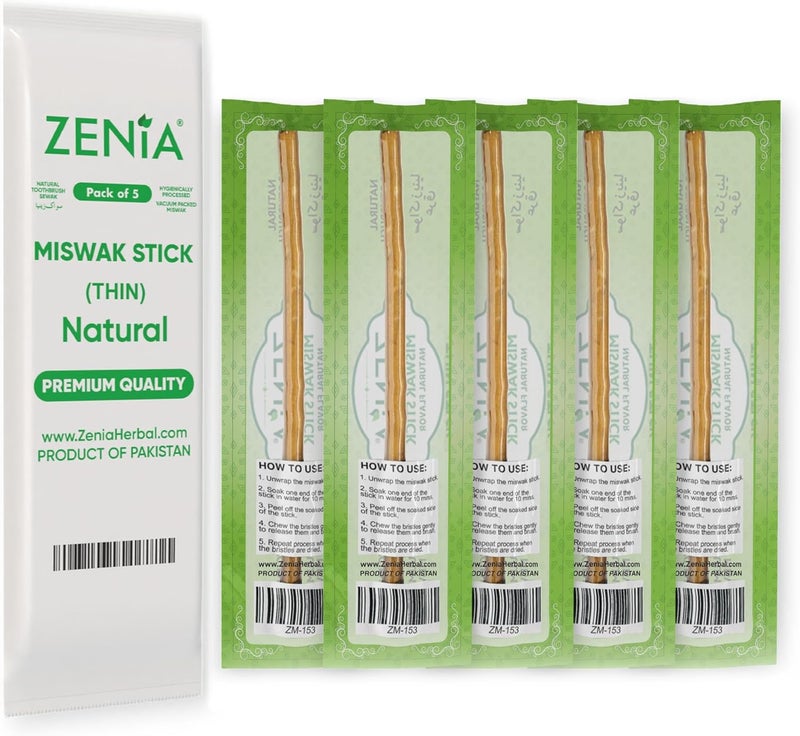 zenia Natural Miswak Toothbrush (Extra Thin Sticks) - Vacuum Sealed Natural Flavor - for Healthy Gums & Teeth (Pack of 5) - Image 1