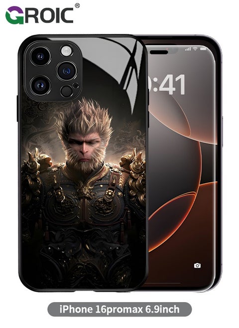 Case Compatible with iPhone 16 Pro Max 6.9 Inches with HD Glass Screen Protector, Black Myth Wukong Pattern Case, Glass Back Anti-Scratch TPU Bumper Shockproof and Full Coverage Lens