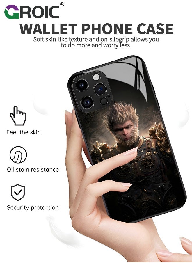 Case Compatible with iPhone 16 Pro Max 6.9 Inches with HD Glass Screen Protector, Black Myth Wukong Pattern Case, Glass Back Anti-Scratch TPU Bumper Shockproof and Full Coverage Lens