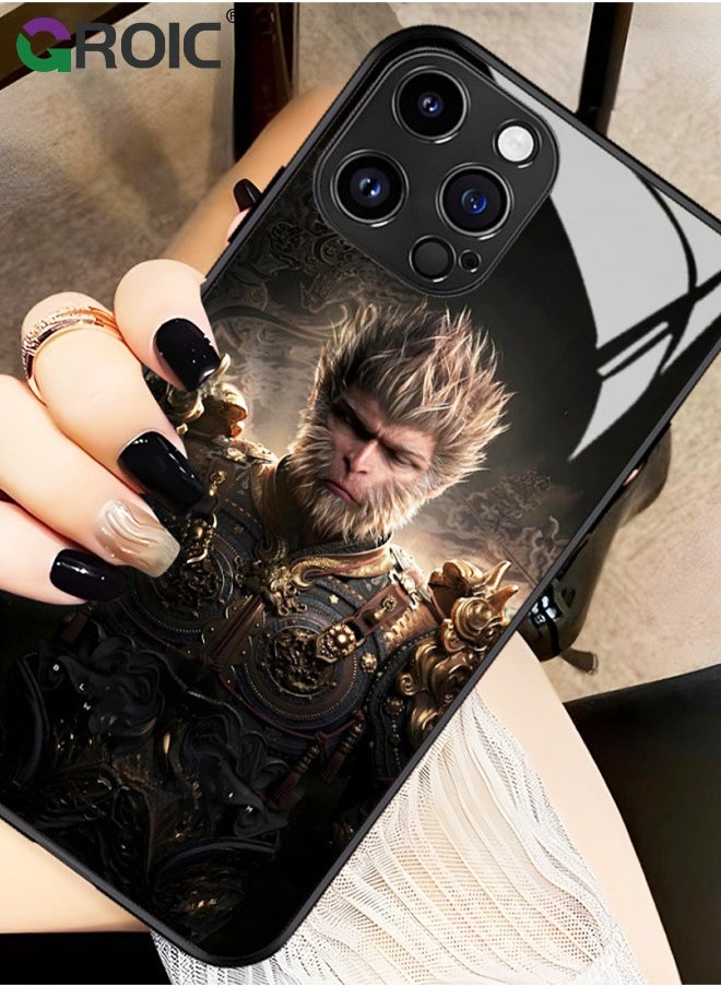 Case Compatible with iPhone 16 Pro Max 6.9 Inches with HD Glass Screen Protector, Black Myth Wukong Pattern Case, Glass Back Anti-Scratch TPU Bumper Shockproof and Full Coverage Lens