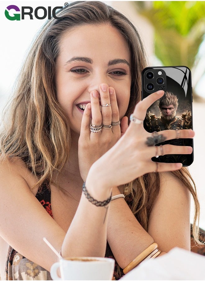 Case Compatible with iPhone 16 Pro Max 6.9 Inches with HD Glass Screen Protector, Black Myth Wukong Pattern Case, Glass Back Anti-Scratch TPU Bumper Shockproof and Full Coverage Lens