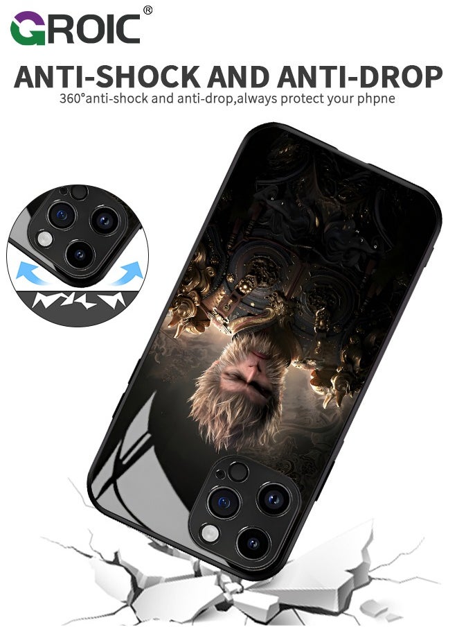 Case Compatible with iPhone 16 Pro Max 6.9 Inches with HD Glass Screen Protector, Black Myth Wukong Pattern Case, Glass Back Anti-Scratch TPU Bumper Shockproof and Full Coverage Lens
