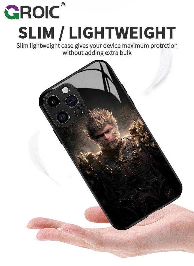 Case Compatible with iPhone 16 Pro Max 6.9 Inches with HD Glass Screen Protector, Black Myth Wukong Pattern Case, Glass Back Anti-Scratch TPU Bumper Shockproof and Full Coverage Lens