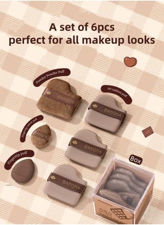 Bangna 6-Piece Chocolate Makeup Sponge Set - Perfect for All Makeup Looks, Multi-Functional Set Includes Velvet Powder Puff, Fingertip Sponge, and Air Cushion Puff for Wet and Dry Use  - Image 2