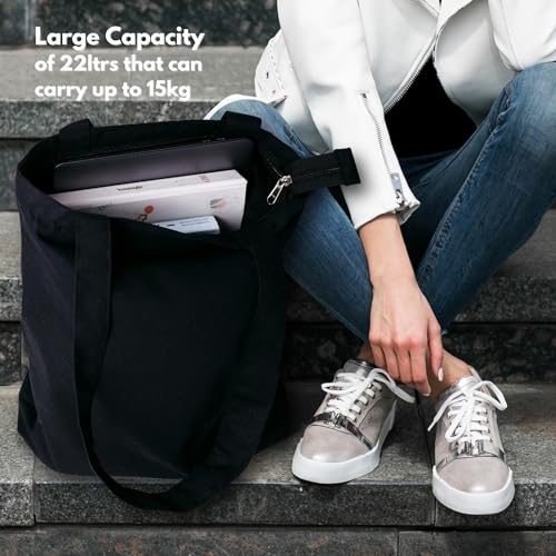 DOODLE Unisex Eco-Friendly Reusable Cotton Canvas Tote Bag | Inner & Outer Zip Pockets | Ideal for Travel, Shopping, College & Office Use | Good Stuff - Image 4