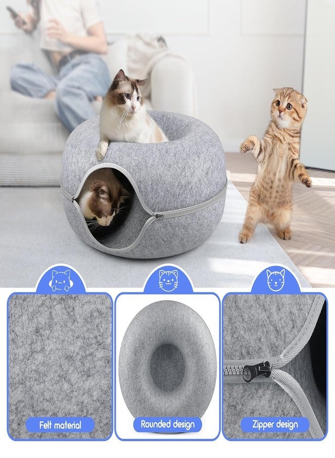 ONTRIP Cat Tunnel Bed Peekaboo Cat Cave for Multiple Cats & Large Cats, Scratch Resistant & Washable & Detachable Round Felt Cat Donut Tunnel Light Grey - Image 4