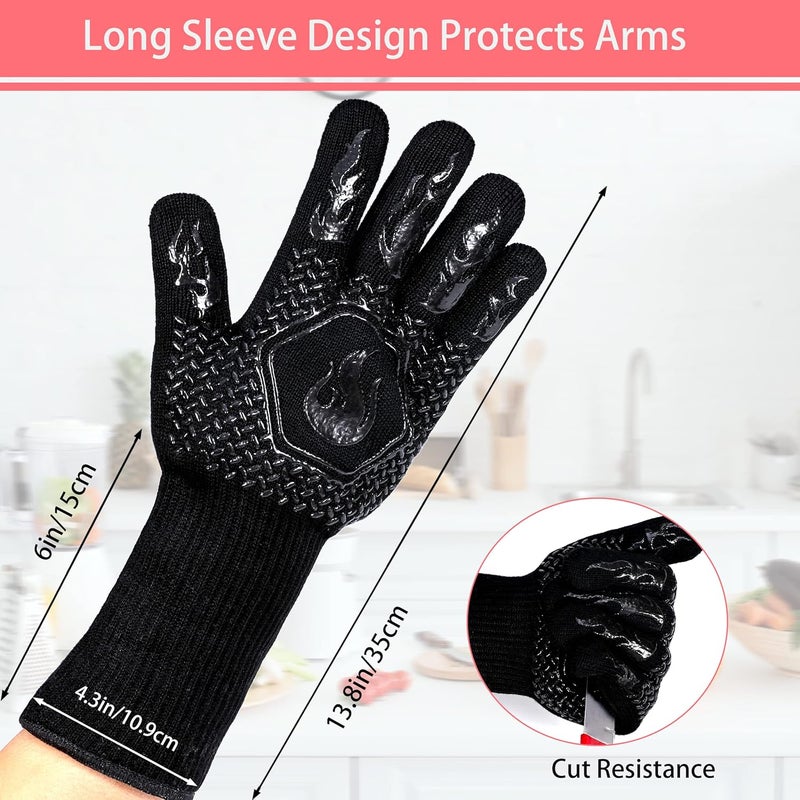 DKHDBD BBQ Fireproof Gloves, 1472°F Heat Resistant, Cut-Resistant, Non-Slip Silicone Oven Mitts for Grilling, Kitchen, Cooking, Frying - 13.5 Inch Black - Image 2