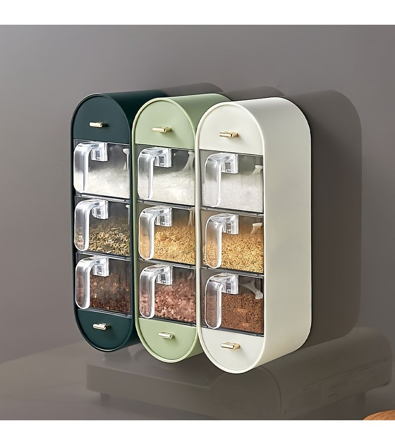 1pc Light Green Combination Seasoning Box Five Partition Wall Mounted Spice Box Household No Punching Kitchen Storage Organizer Multi Grid Jar - Image 1