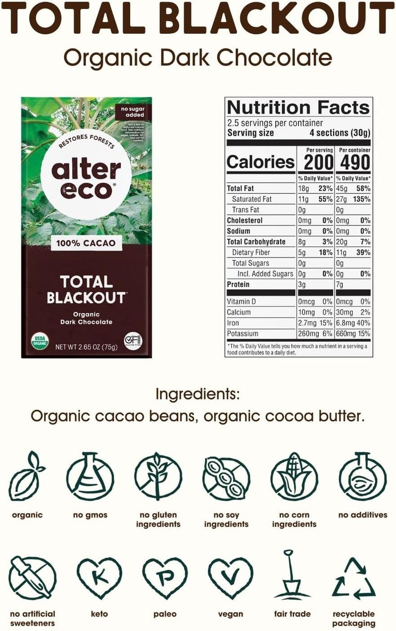alter eco ألتر إيكو بار الشوكولاتة الداكنة العضوية الكاملة - 100% كاكاو، تجارة عادلة، غير معدلة وراثيًا، خالية من الغلوتين (12 عبوة) - Image 2
