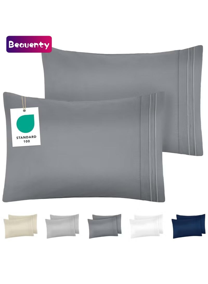 Beauenty Pillow Cases 50 x 70 cm, Set of 2, Brushed Microfibre, Oeko-Tex Certified, Soft Cushion Cover with Embroidered Motifs – Anthracite - Image 1