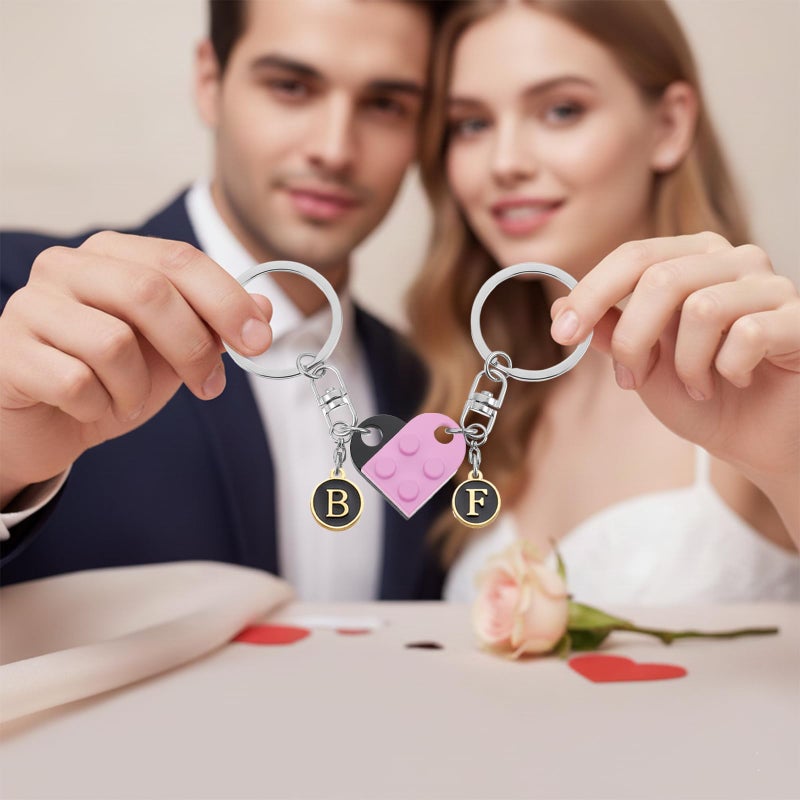 rosulasi Matching Heart Keychains for Couples Boyfriend Girlfriend Cute Brick Couple Keychain Valentines Day Gift for Him Her Husband (Black Pink) - Image 4