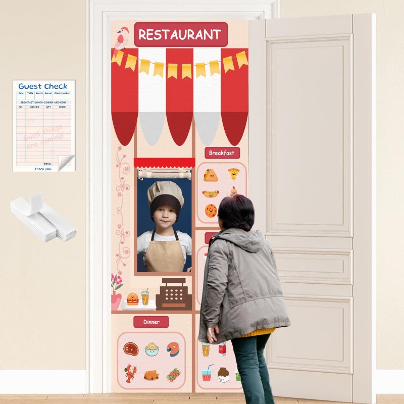 WANGDEFA Kids Play Restaurant Tent 295x709 Inch Doorway Kids Pretend Play Sets Puppet Show Theater with Drawstring Bag Includes Guest Check Books 30SheetsPack for Educational Kid Activities - Image 3