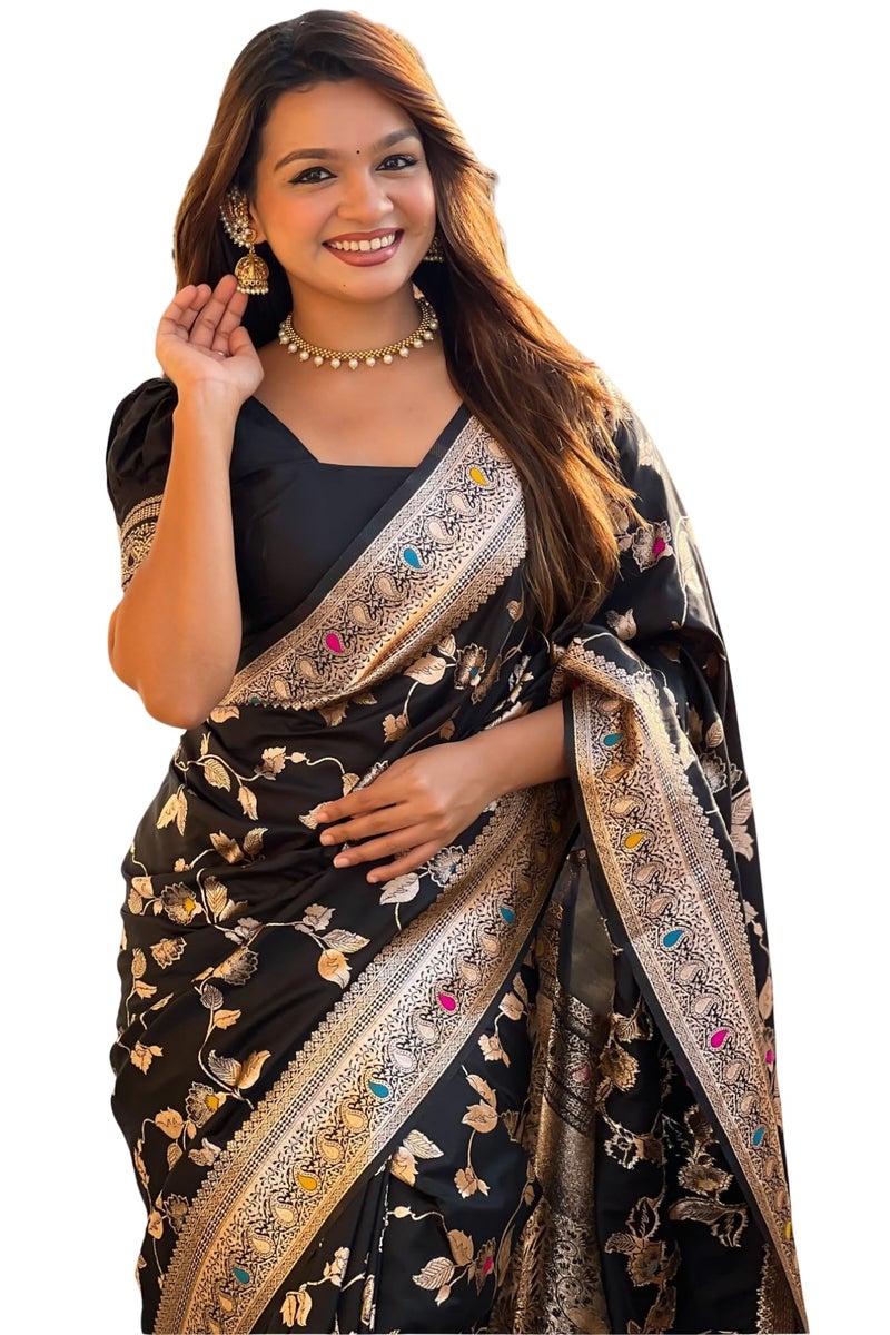 SGF11 Women's Kanjivaram Pure Soft Silk Handloom Saree Pure Golden Zari With Blouse Piece (Rich Black) - Image 1
