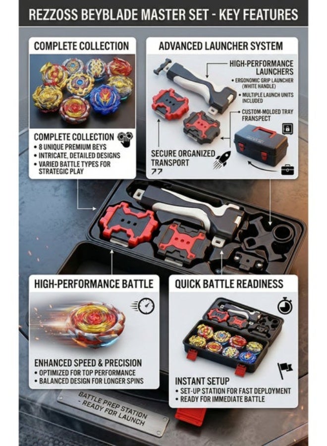 BeyBlade Battling Top Burst Beyblade Master Game Set (Original Japan)– S8 Model 8 Metal Fusion Spinning Tops with Launcher Grip & Storage Box Turbo Set | Beyblade Style Stadium Battle Toys Kit | Best Birthday, , Christmas & Exam Passing Gift for Boys Age 6+ - Image 3