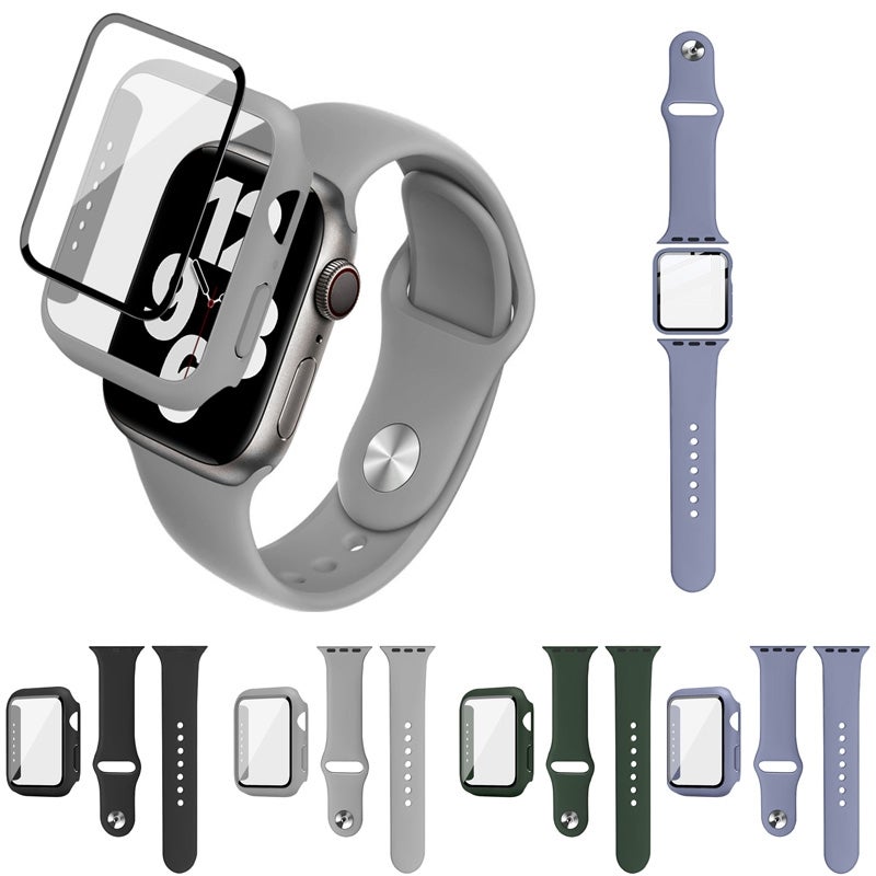 For Apple Watch SE 2022 44mm imak Silicone Watch Band PC Frame with Tempered Glass Film(Dark Green)