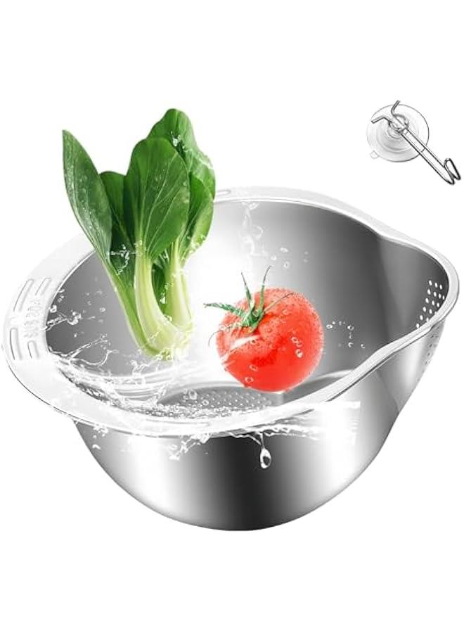 HOOKOR Stainless Steel Rice Washing Bowl,Kitchen Integrated Strainer, Metal Draining Bowl, Rice Sieve, Multipurpose 4-in-1 Colander, Ideal for Cleaning Beans, Vegetables, and Fruits - Image 3