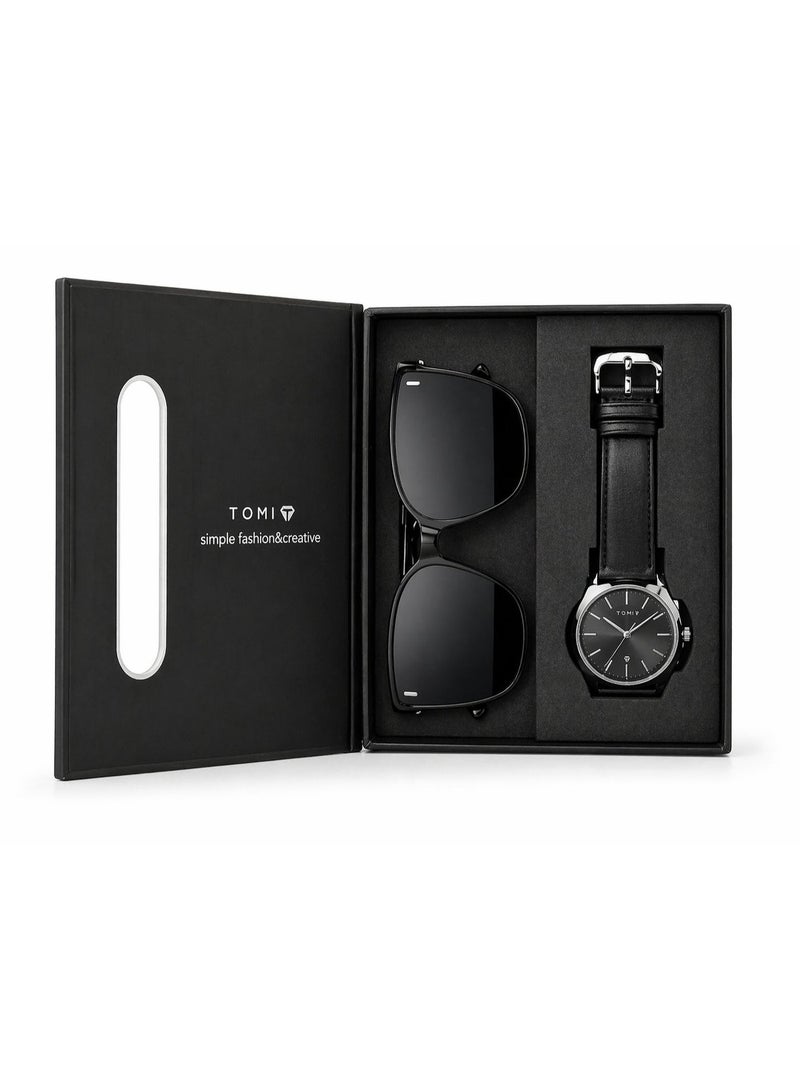 TOMI Urban Edge T085 Men’s Watch Gift Set with Sunglasses – Quartz Wrist Watch, Black Leather Strap, Minimalist Luxury Combo for Men - Image 1
