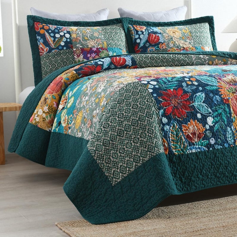 ENASAL Cotton Bedspread Quilt Sets Reversible Bedding Coverlet Sets Comforters, Patchwork Vintage Floral Turquoise Bedspread, King Size - Image 2