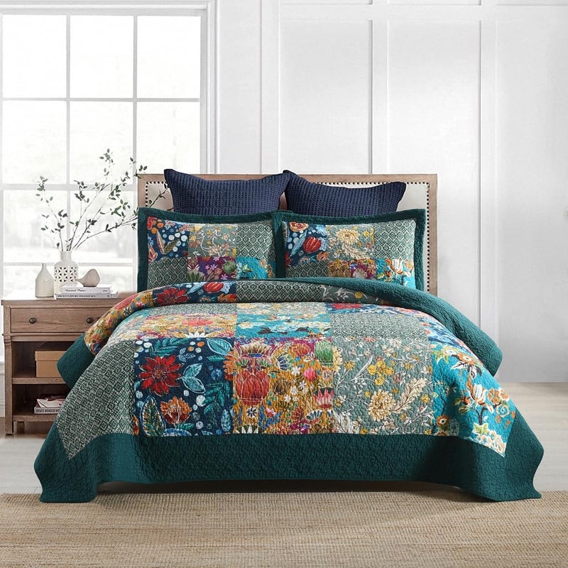 ENASAL Cotton Bedspread Quilt Sets Reversible Bedding Coverlet Sets Comforters, Patchwork Vintage Floral Turquoise Bedspread, King Size - Image 1