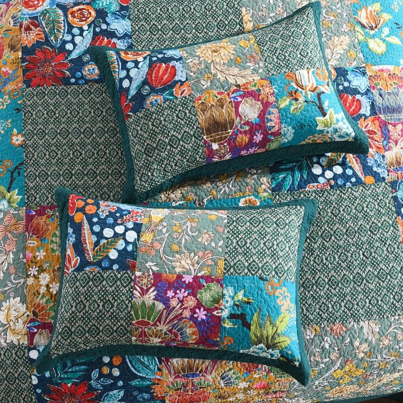 ENASAL Cotton Bedspread Quilt Sets Reversible Bedding Coverlet Sets Comforters, Patchwork Vintage Floral Turquoise Bedspread, King Size - Image 5