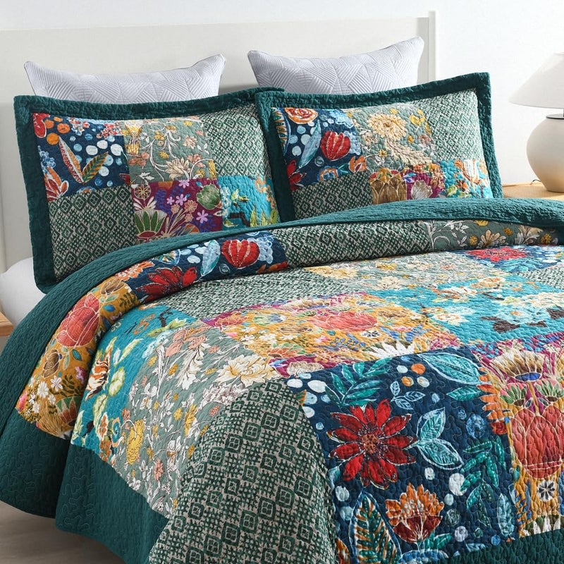 ENASAL Cotton Bedspread Quilt Sets Reversible Bedding Coverlet Sets Comforters, Patchwork Vintage Floral Turquoise Bedspread, King Size - Image 3