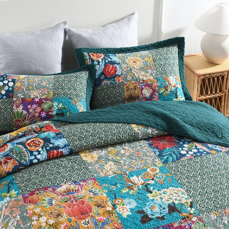ENASAL Cotton Bedspread Quilt Sets Reversible Bedding Coverlet Sets Comforters, Patchwork Vintage Floral Turquoise Bedspread, King Size - Image 4