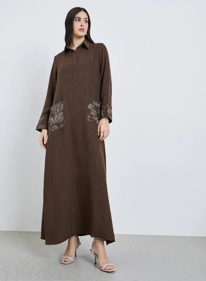 Amirah Women Brown Embroidered Collared Jalabiya