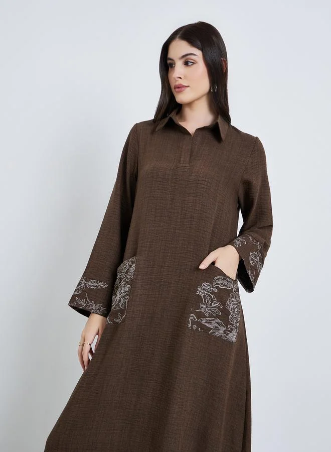 Amirah Women Brown Embroidered Collared Jalabiya