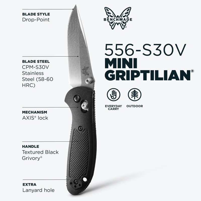 Benchmade بينش ميد - سكين ميني جريبتليان الخارجية EDC، شفرة نقطة إسقاط مع مقبض جريفيوري الأسود (556-S30V) - Image 2