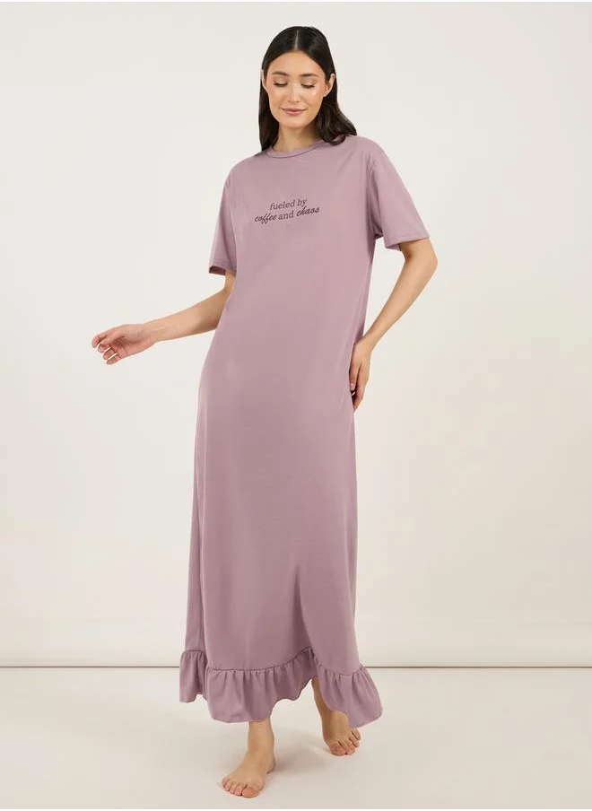 Styli Slogan Print Ruffle Hem Sleep T-Shirt Dress