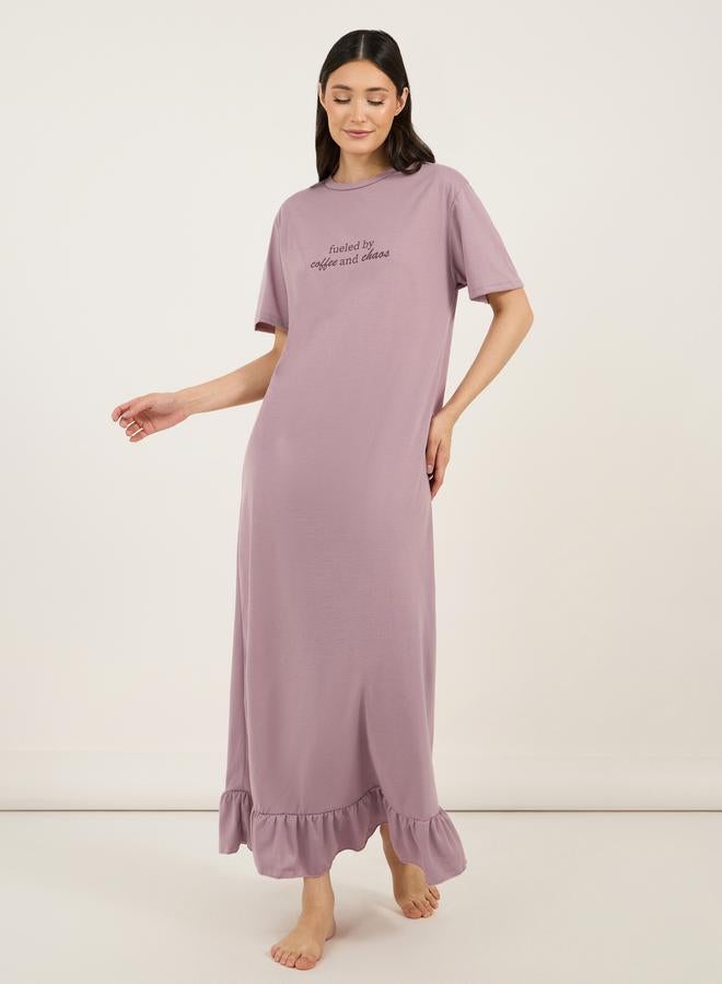 Styli Slogan Print Ruffle Hem Sleep T-Shirt Dress - Image 1