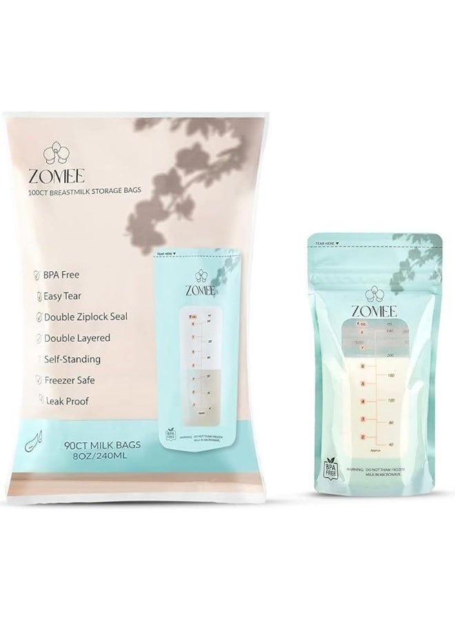Zomee 90 Count Breast Milk Storage Bags - 8 OZ/240 ML, Leak Proof, Double Zipper Seal, Self-Standing, for Storage of Breast Milk in Fridge or Freezer - Image 1