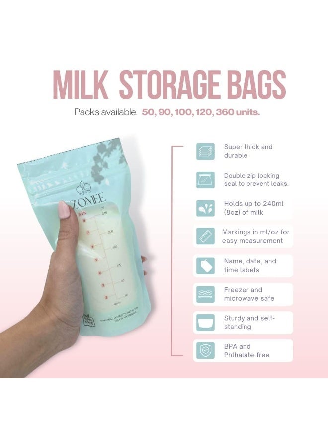 Zomee 90 Count Breast Milk Storage Bags - 8 OZ/240 ML, Leak Proof, Double Zipper Seal, Self-Standing, for Storage of Breast Milk in Fridge or Freezer - Image 2