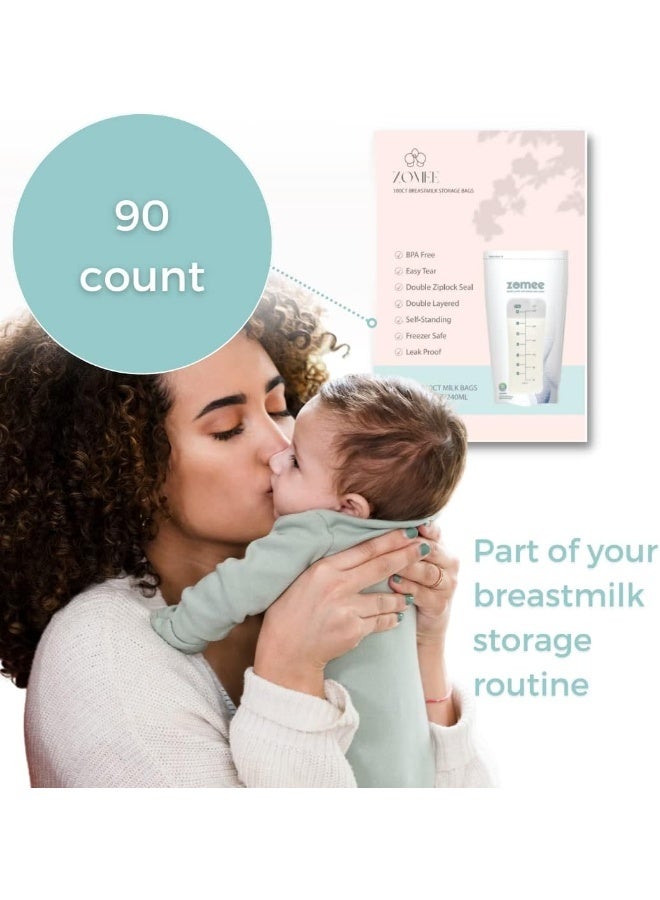 Zomee 90 Count Breast Milk Storage Bags - 8 OZ/240 ML, Leak Proof, Double Zipper Seal, Self-Standing, for Storage of Breast Milk in Fridge or Freezer - Image 4