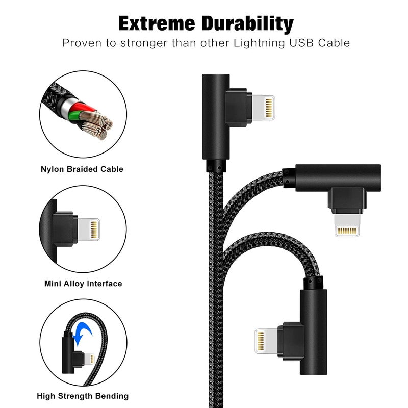APFEN iPhone Cable 5 Pack(3/3/6/6/10FT) MFI Certified Cable Lightning Fast Charger Nylon Braided Data Cord 90 Degree Elbow for Game Video Compatible with iPhone 12 11 Pro Max XR XS Max iPod (Black) - Image 2
