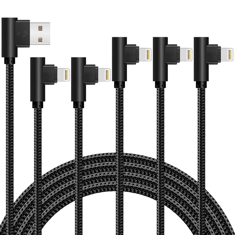 APFEN iPhone Cable 5 Pack(3/3/6/6/10FT) MFI Certified Cable Lightning Fast Charger Nylon Braided Data Cord 90 Degree Elbow for Game Video Compatible with iPhone 12 11 Pro Max XR XS Max iPod (Black) - Image 1