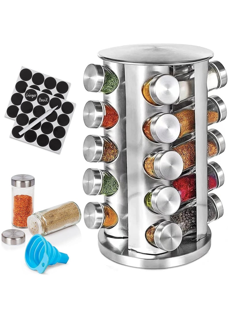 Oasisgalore Revolving Spice Rack Organizer with 20 Jars | Stainless Steel Spice Carousel with Labels | for Kitchen Countertop & Cabinet Storage (Silver) - Image 1