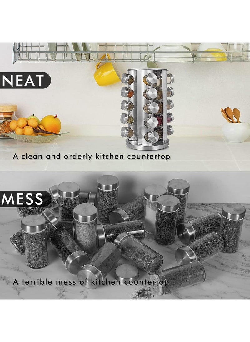 Oasisgalore Revolving Spice Rack Organizer with 20 Jars | Stainless Steel Spice Carousel with Labels | for Kitchen Countertop & Cabinet Storage (Silver) - Image 2