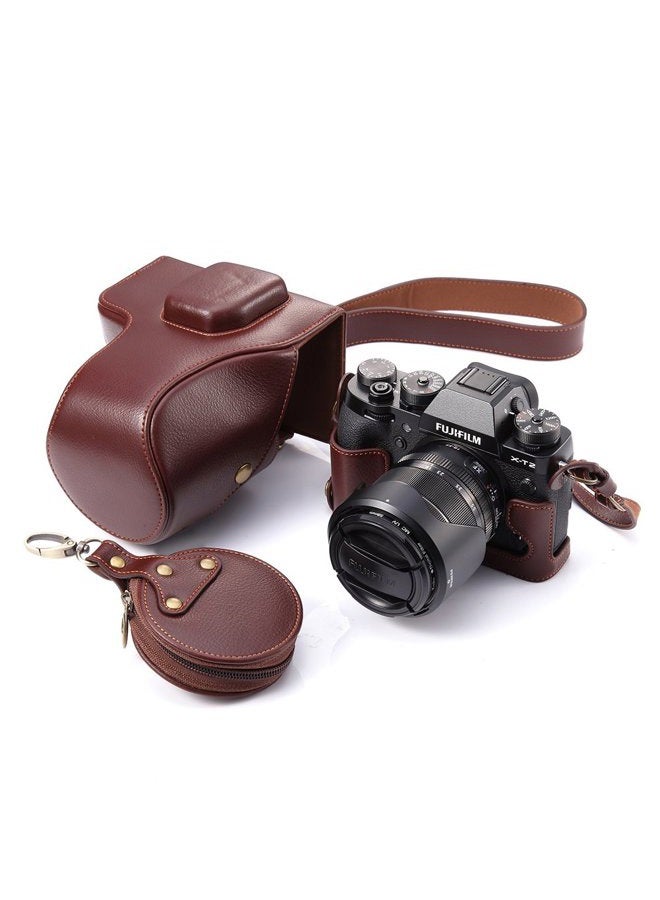 BolinUS Fuji X-T2 Case BolinUS Handmade Genuine Real Leather FullBody Camera Case Bag Cover for Fujifilm X-T2 Fuji XT2 X-T3 XT3 18-55mm Lens Bottom Opening Version Neck Strap Mini Storage Bag - Brown - Image 1