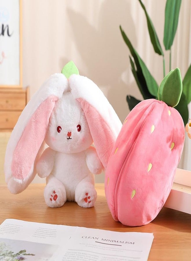 WHITESTARALL Soft Squishy Carrot Strawberry Turned Into Big Ear Rabbit with Zipper Plushie Reversible Floppy Pillow (Small 30cm Pink) - Image 5